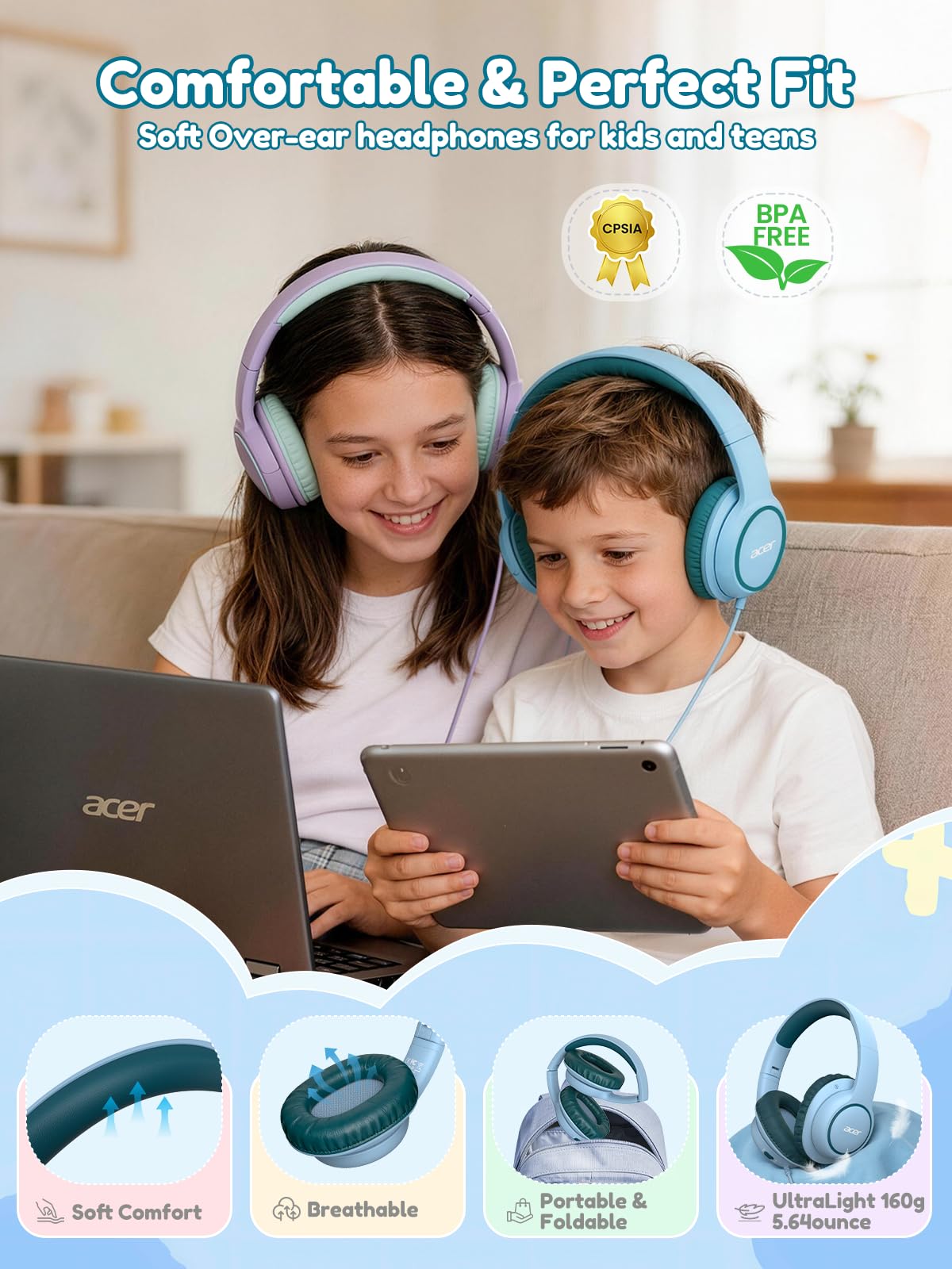 Acer OHW328 Kids Headphones Wired for School - Over Ear Design
