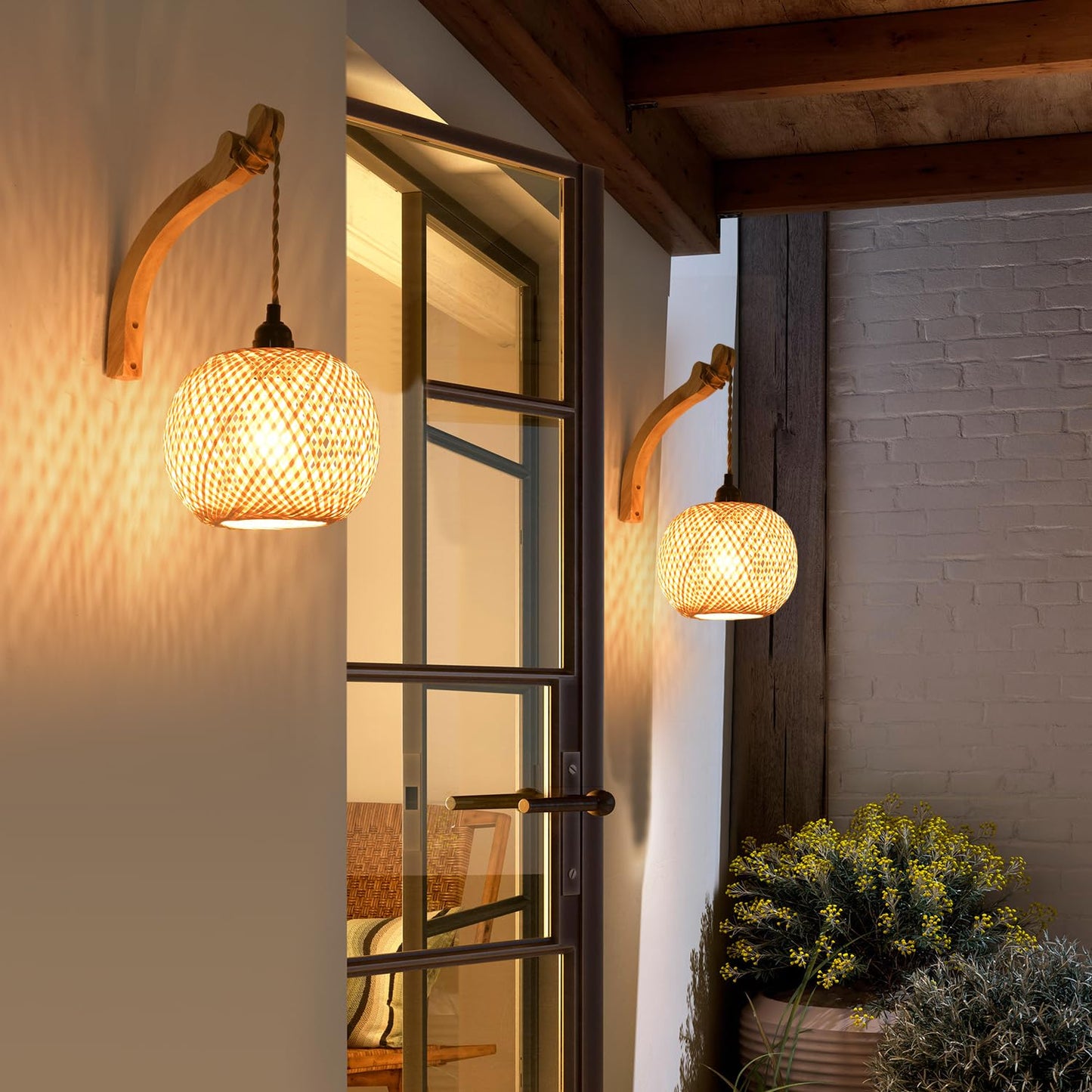 CAFULAM Plug in Wall Sconce,Farmhouse Wicker Wall Lamp Plug in,Hand Woven Rattan Wall Light Farmhouse Rustic Boho Sconces Wall Lighting for Living