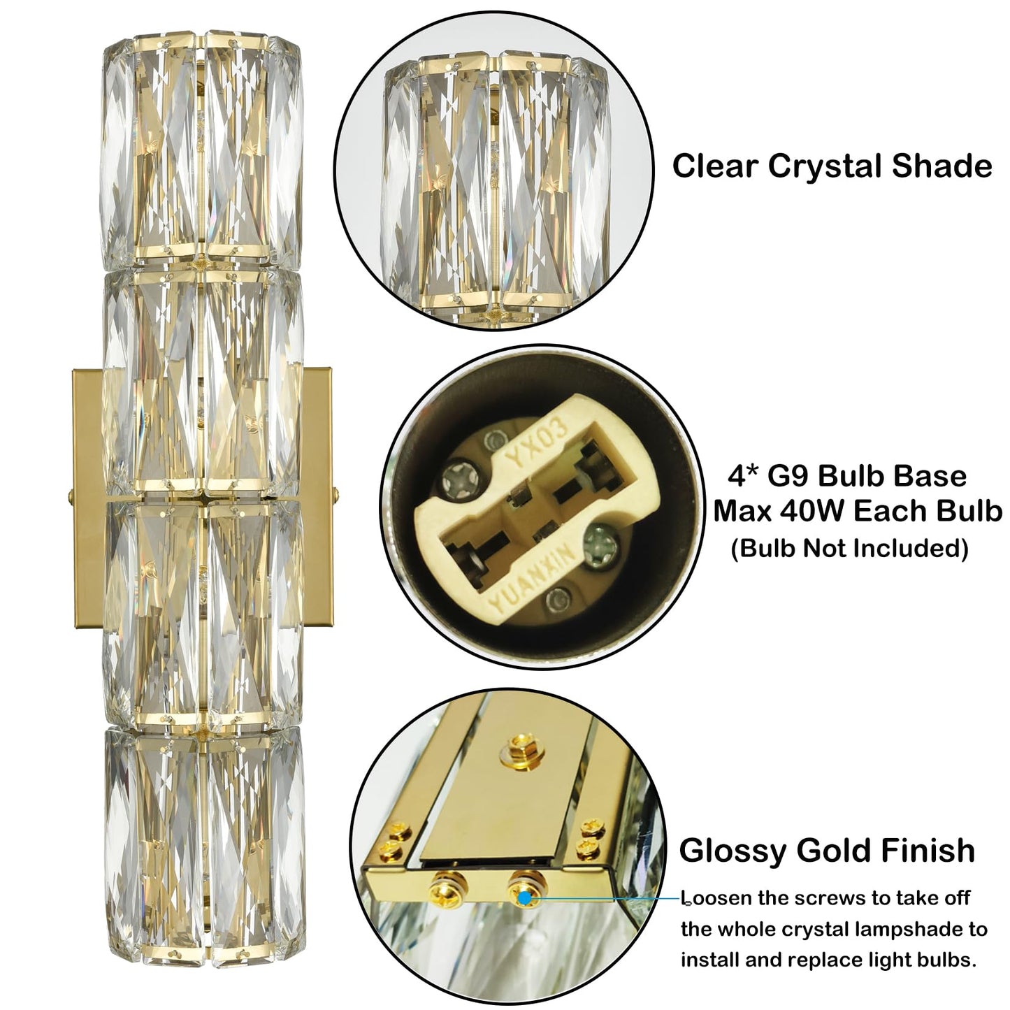 SAMTEEN Gold Wall Sconce Modern Crystal Sconces Wall Lighting 4-Light Bathroom Wall Mount Light Crystal Vanity Light Fixture for Bedroom Hallway