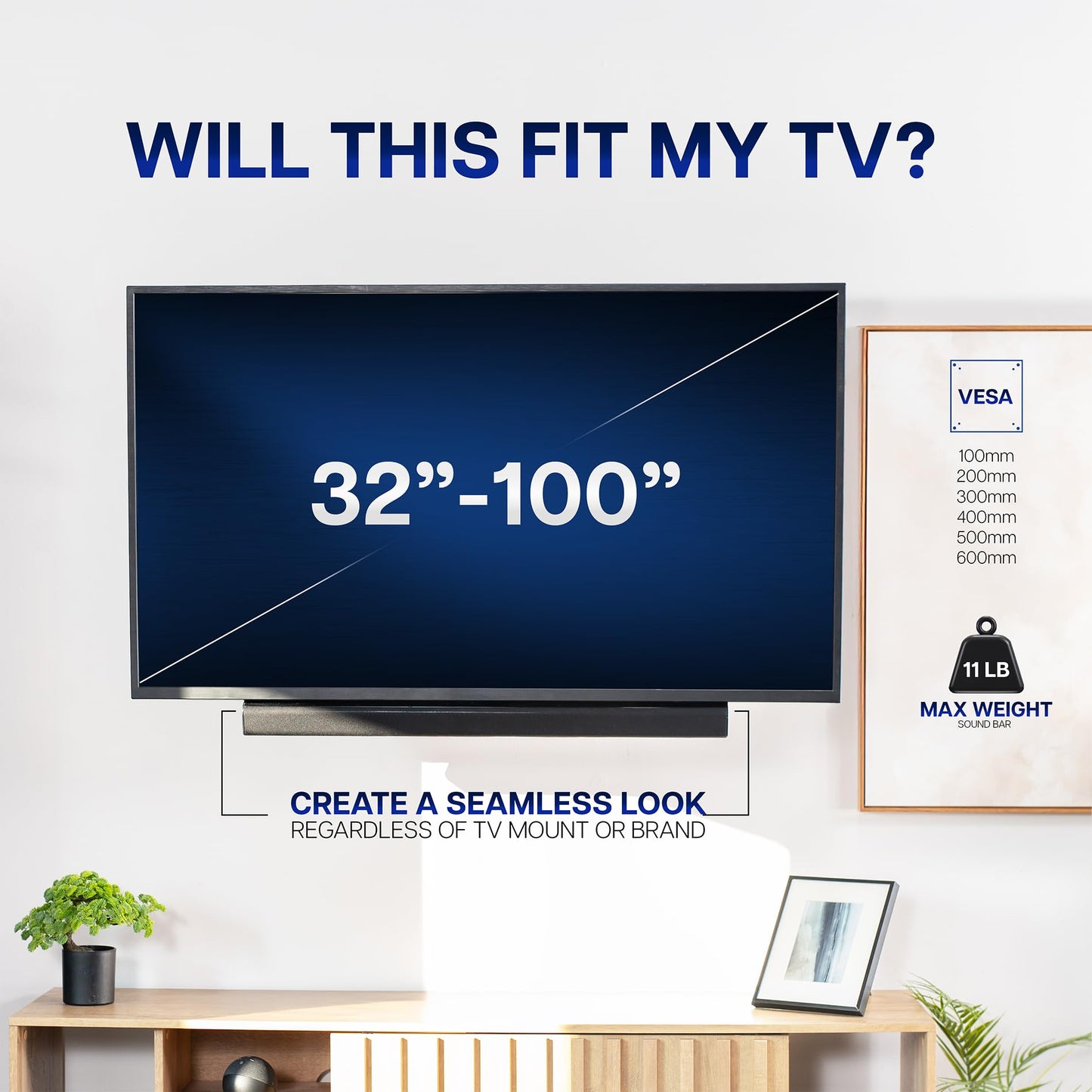 VIVO Universal Soundbar TV Mount for 32 to 100 inch Screens, Height and Depth Adjustment, Wide VESA Range, Black, Mount-ASM1