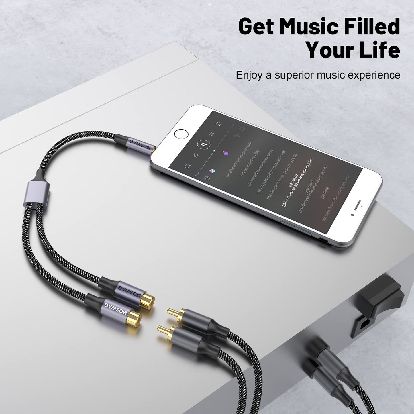 MOSWAG 3.5mm to Dual RCA Audio Cable 2 Packs,3.5mm Male to 2 RCA Female Headphone Jack to RCA Stereo Audio Adapter Compatible with Headphones,Home