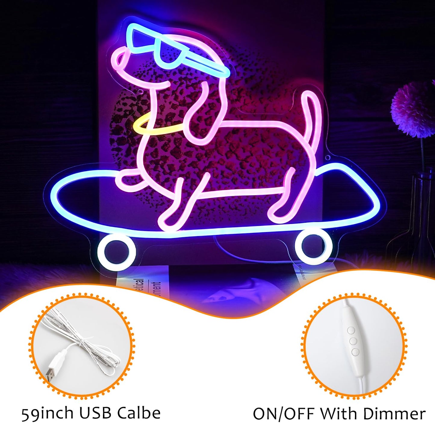 Skateboard Dog Neon Sign Dimmable Funny Dachshund Skateboarding LED Neon Light Wall Art Decor for Bedroom Bar Game Room Cute Pet Lover Gift