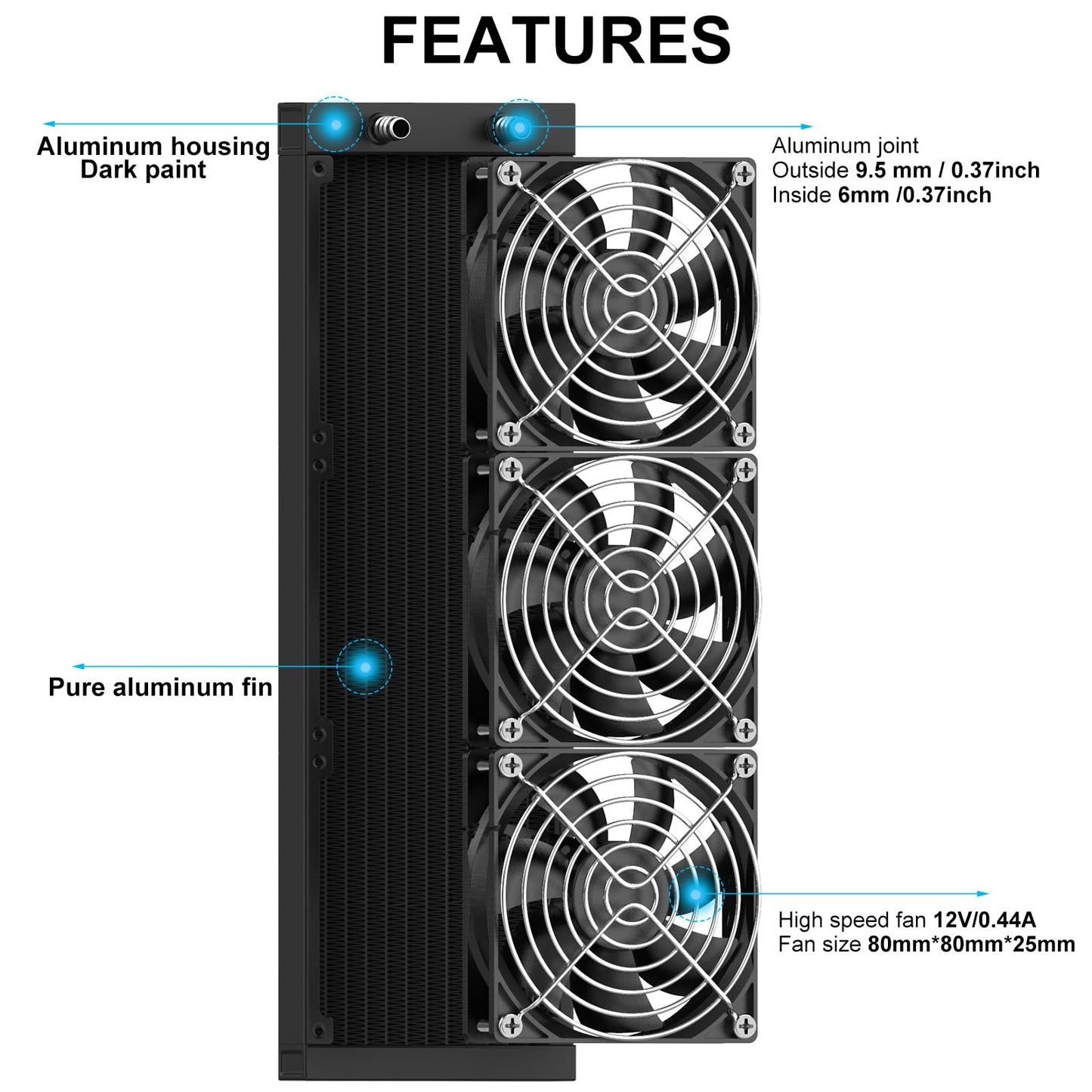 Clyxgs Water Cooling Radiator, 12 Pipe Aluminum Heat Exchanger Radiator with Fan for PC CPU Computer Water Cool System DC12V 360mm Black