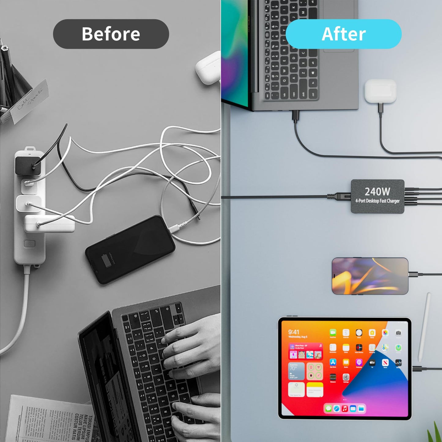 240W USB C Charger Block, 4 Port USB Fast Charging Station 100W Laptop Power Adapter for MacBook, Laptop, Tablet, iPad, iPhone, Cell Phone Multiple