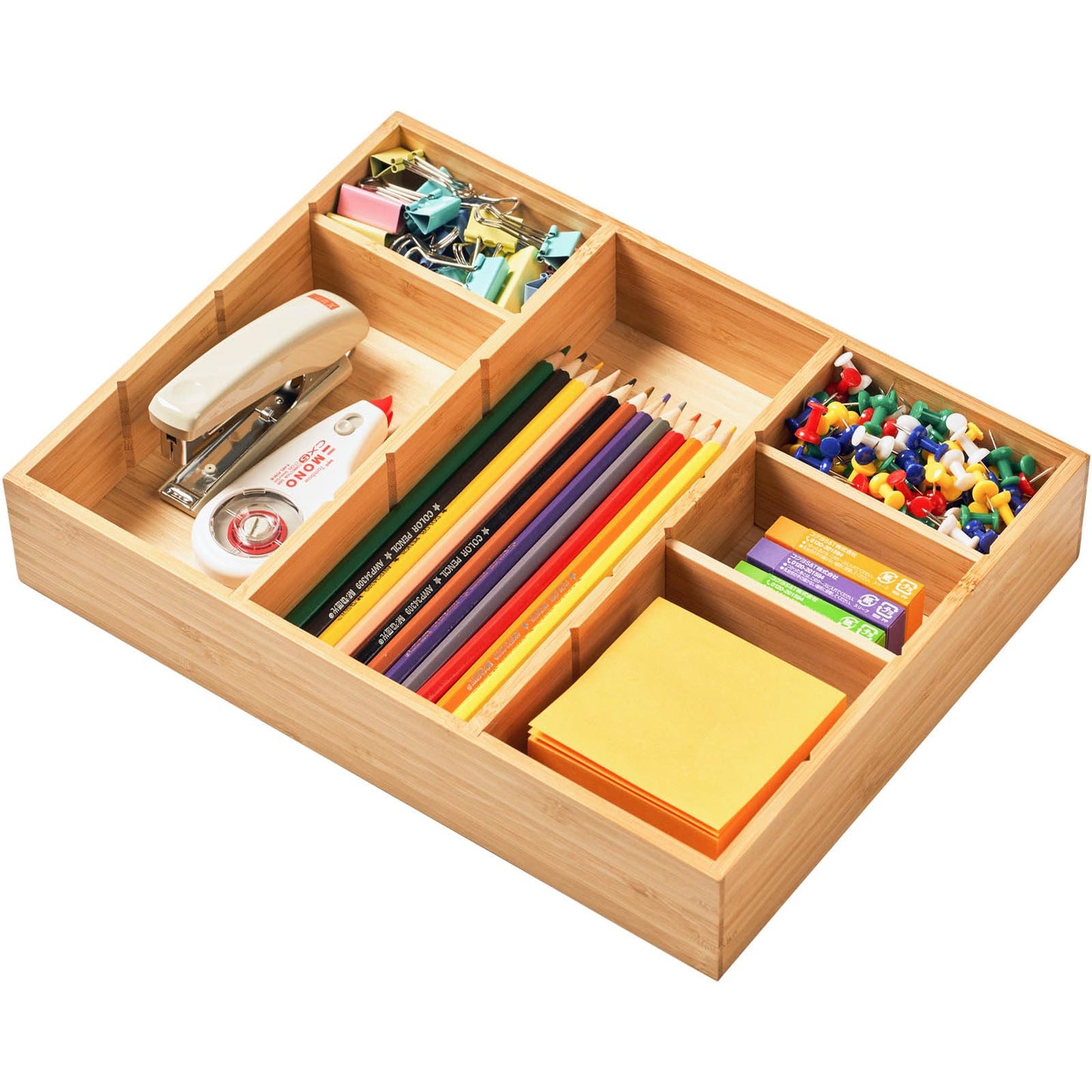 Umilife Office Desk Organizer for Drawer and Desktop, Customizable Deep Compartments, Bamboo Tray for Office Supplies Stationery, 7" x 12"