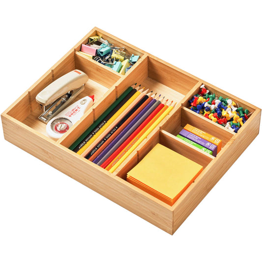 Umilife Office Desk Organizer for Drawer and Desktop, Customizable Deep Compartments, Bamboo Tray for Office Supplies Stationery, 7" x 12"