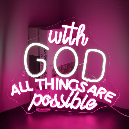 DREAMFORT With God All Things Are Possible Neon Sign,Cool White and Pink LED Neon Light for Wall Decor,USB Letters Light Up Signs for Inspirational