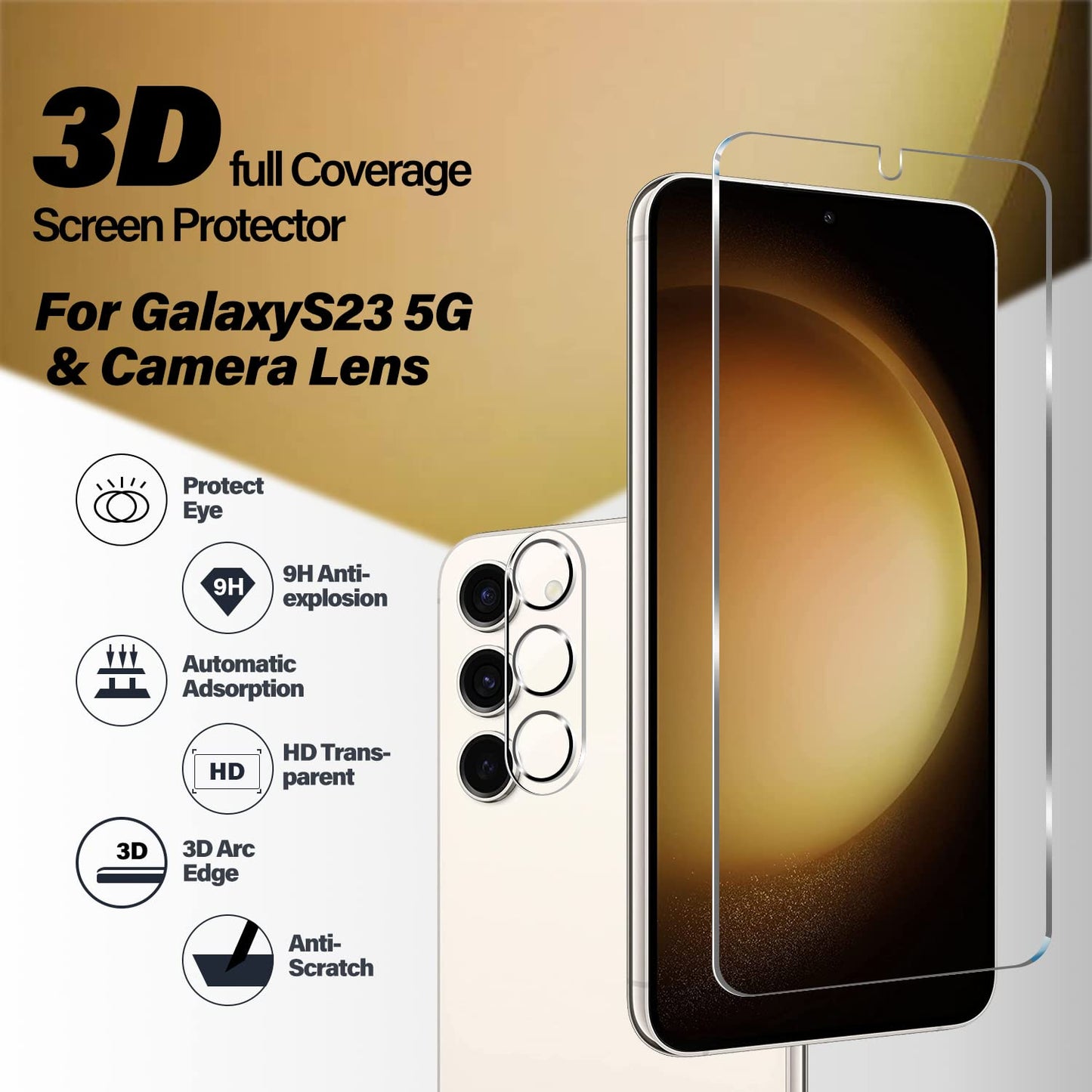 Galaxy S23 Tempered Glass Screen Protector + Camera Lens Protector [ 2 + 2 Pack ][Case Friendly] [Anti-Scratch] [Ultrasonic Fingerprint Unlock] Clear