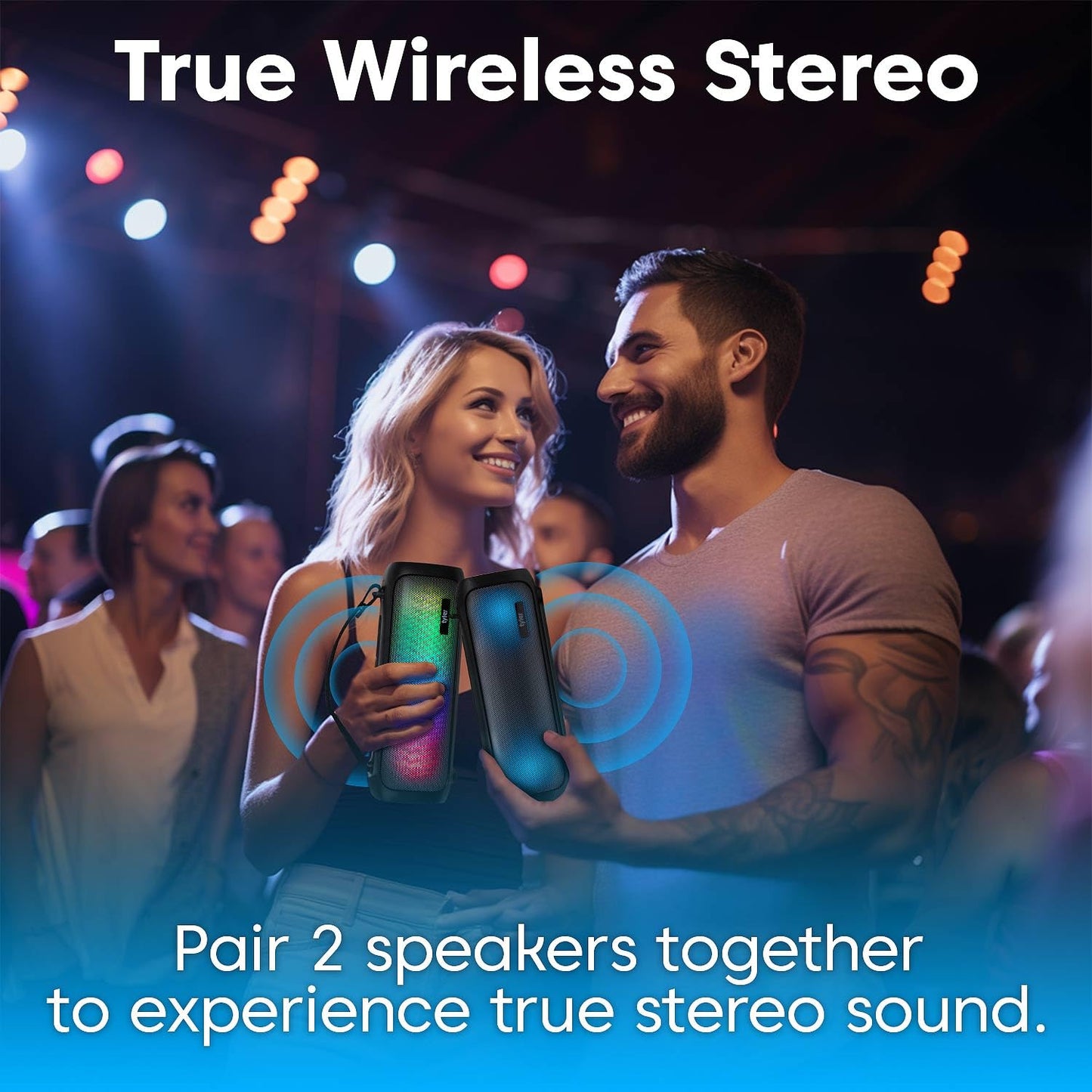 Tyler Wireless Bluetooth Speaker RGB Lighting Long Range Rechargeable Boombox USB MP3 AUX Inputs Fm Radio Sound & Bass Carry Strap Lightweight