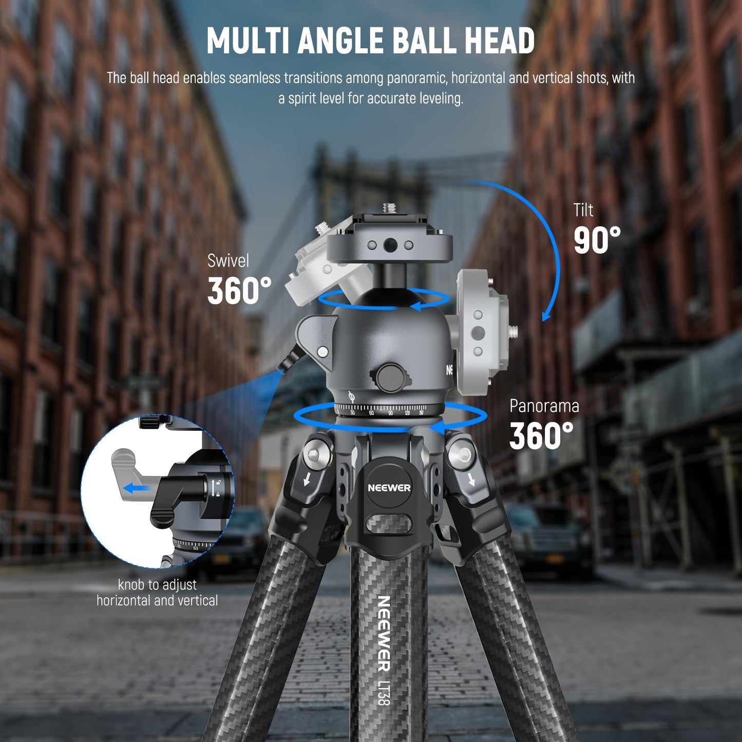 NEEWER LITETRIP LT38 61" Travel Tripod Carbon Fiber for Camera, 360° Pan Tilt Low Profile Ball Head, Flexible Center Axis, Arca QR Plate Compatible