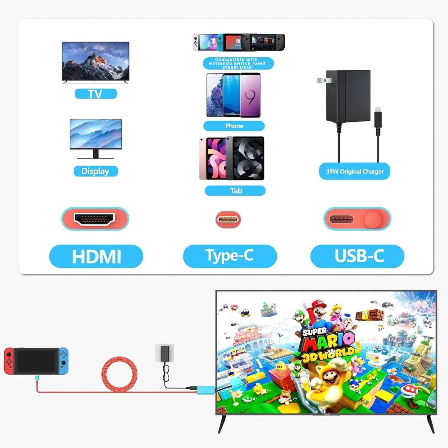 Juseisin 2M Charger Cable Compatible with Switch & Switch OLED, USB C to HDMI, 4K TV Adapter Cord with 100W PD Charging Port, Portable Dock