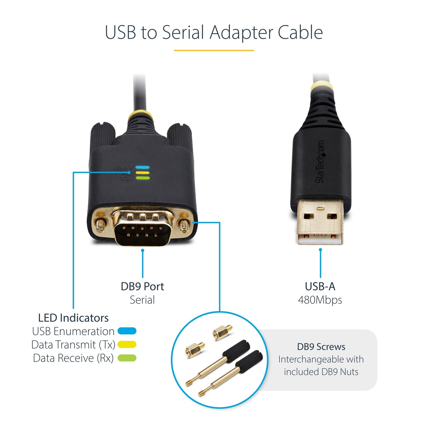 StarTech 10ft/3m USB to Serial Adapter Cable, COM Retention, FTDI IC, USB-A to DB9 RS232, Interchangeable DB9 Screws/Nuts