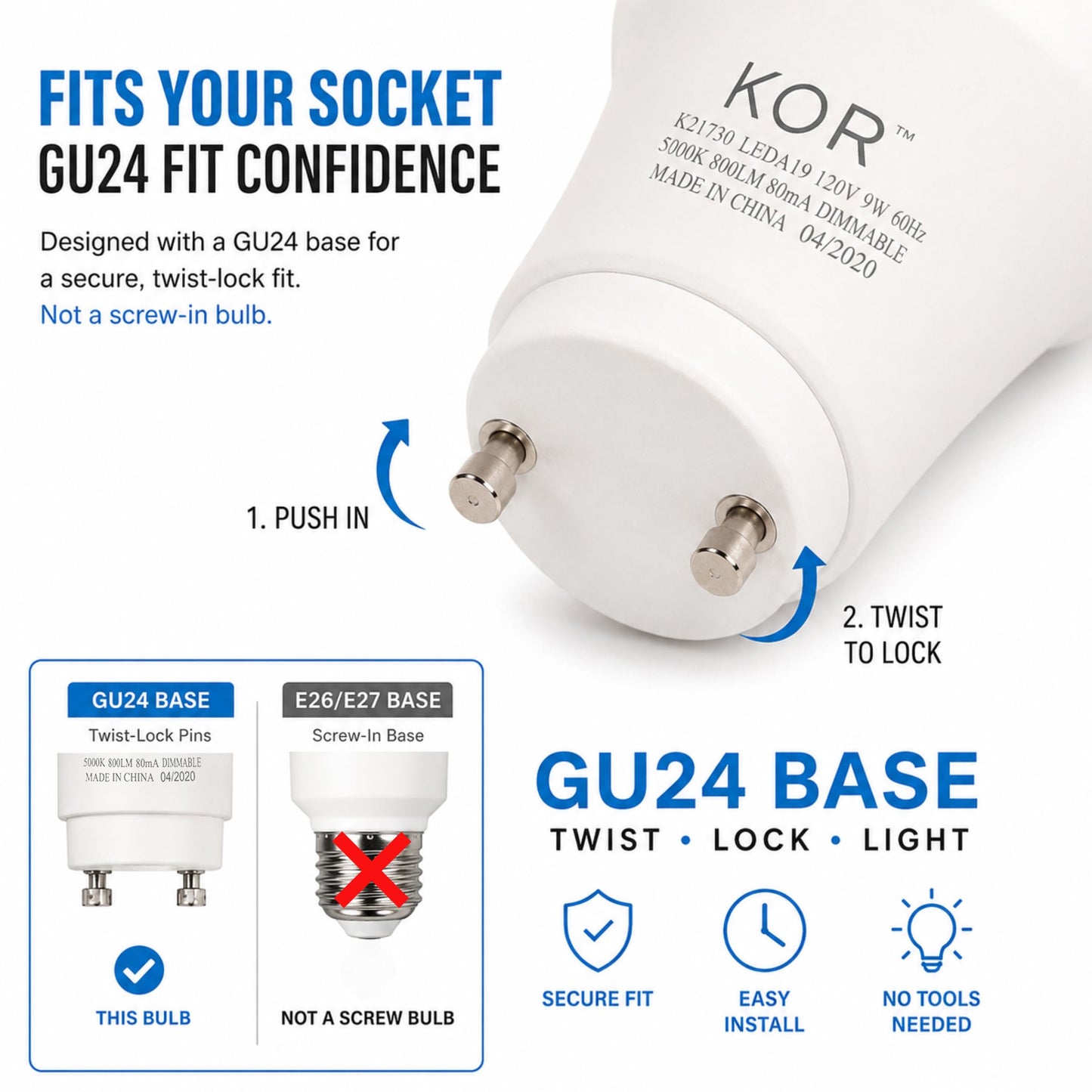 KOR GU24 A19 LED Light Bulbs, 5000K Daylight, Dimmable, 9W, 4-Pack