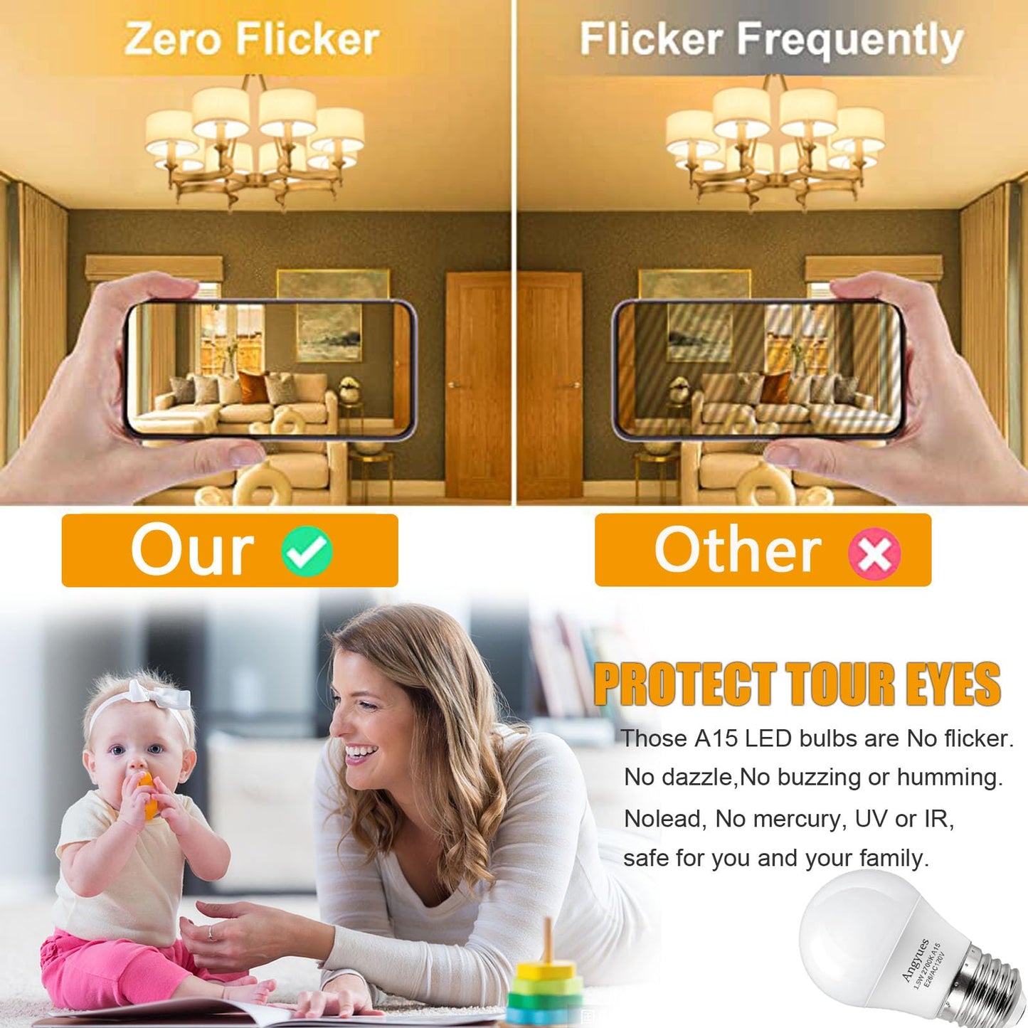 Angyues 15W Light Bulb Equivalent, A15 15 Watt Light Bulbs 2700K Soft White 120V E26 1.5W LED Bulb,Low Watt Light Bulbs Table Lamp Bulb for Bedroom 12
