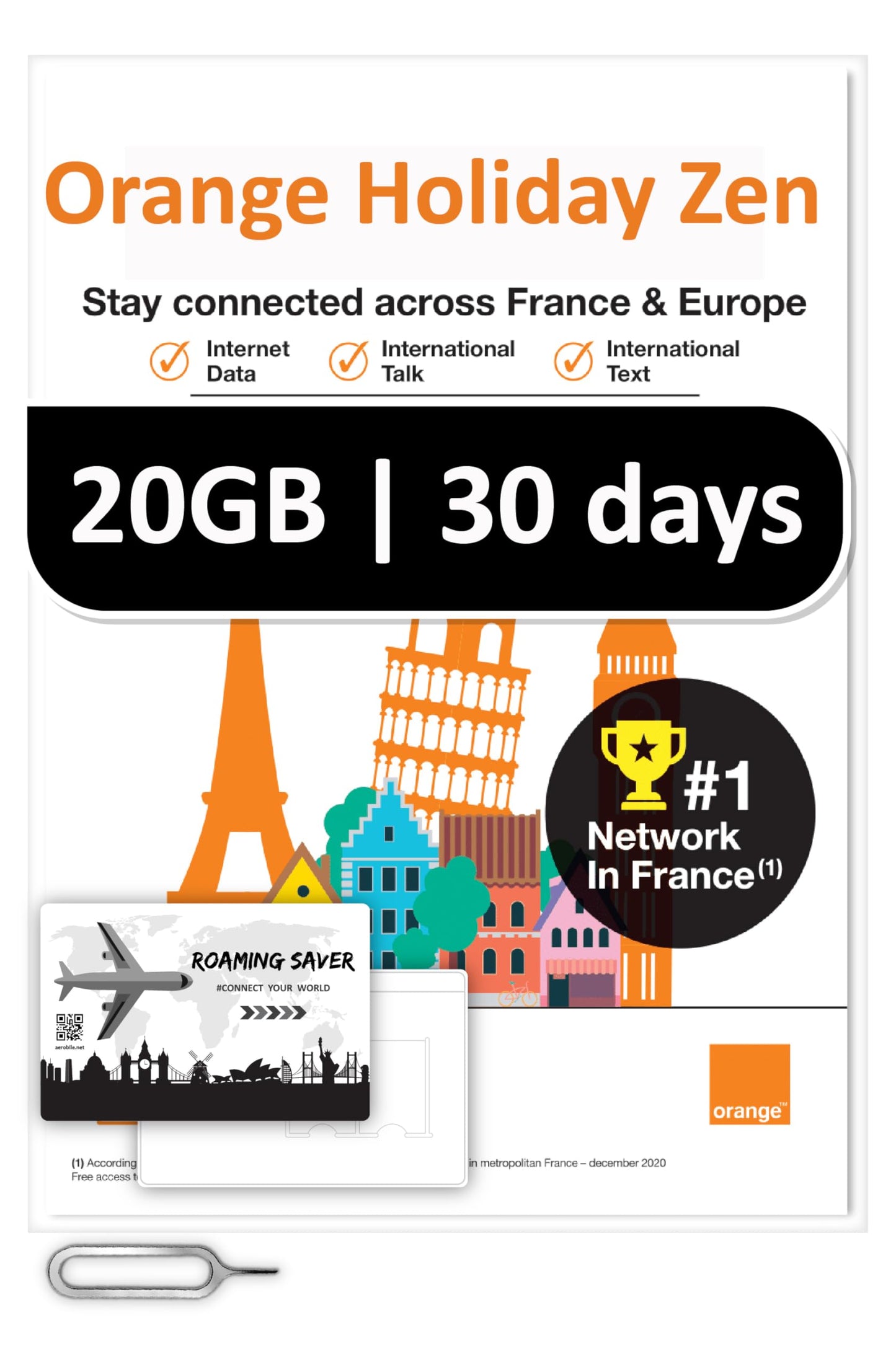 Orange Holiday Europe Prepaid Sim 20GB Internet Data | 30 Days-Use | Data tethering Allowed | 30min & 200 SMS from Europe to Any Country Worldwide+1