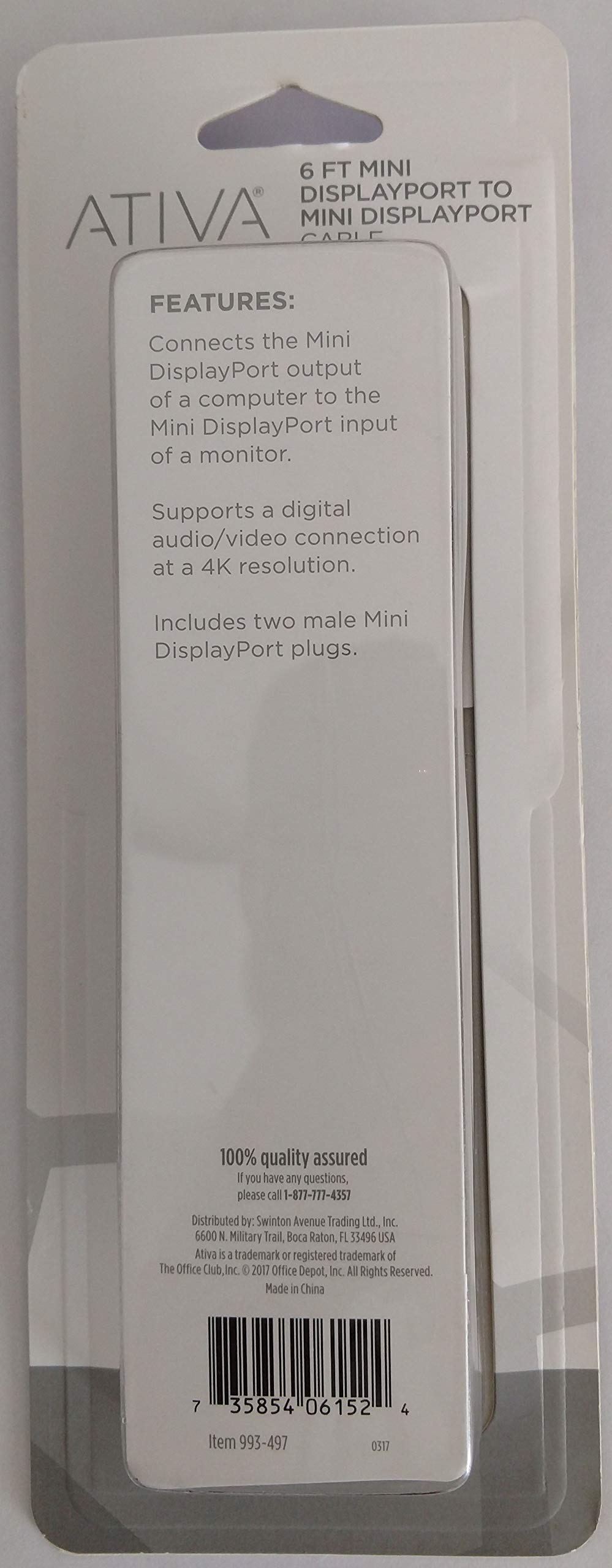 ATIVA Mini DisplayPort to Mini DisplayPort Cable, 6’, Black, 36544