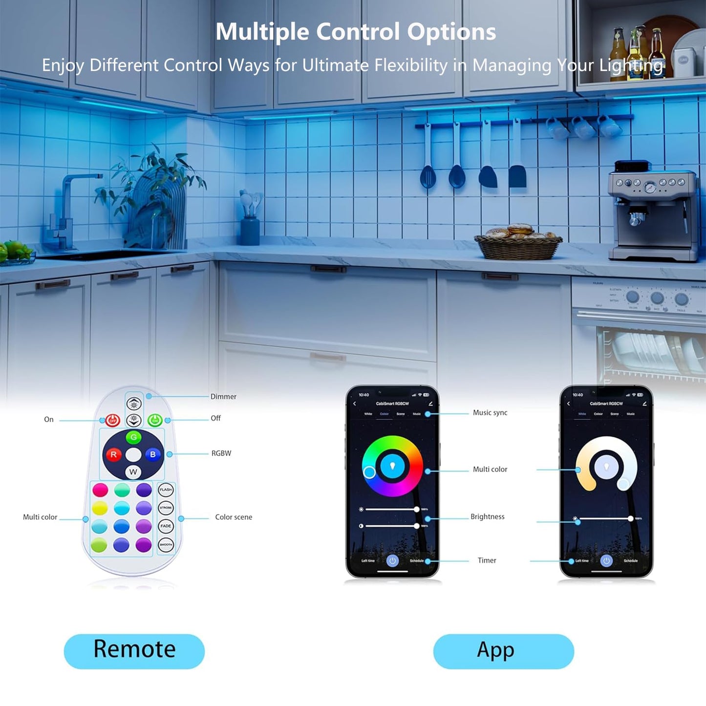 Smart Under Cabinet Lighting Plug In, RGB Multi Colored & White Work with Alexa, Google Assistant, APP, 12Inch Linkable LED Strip Lights Dimmable