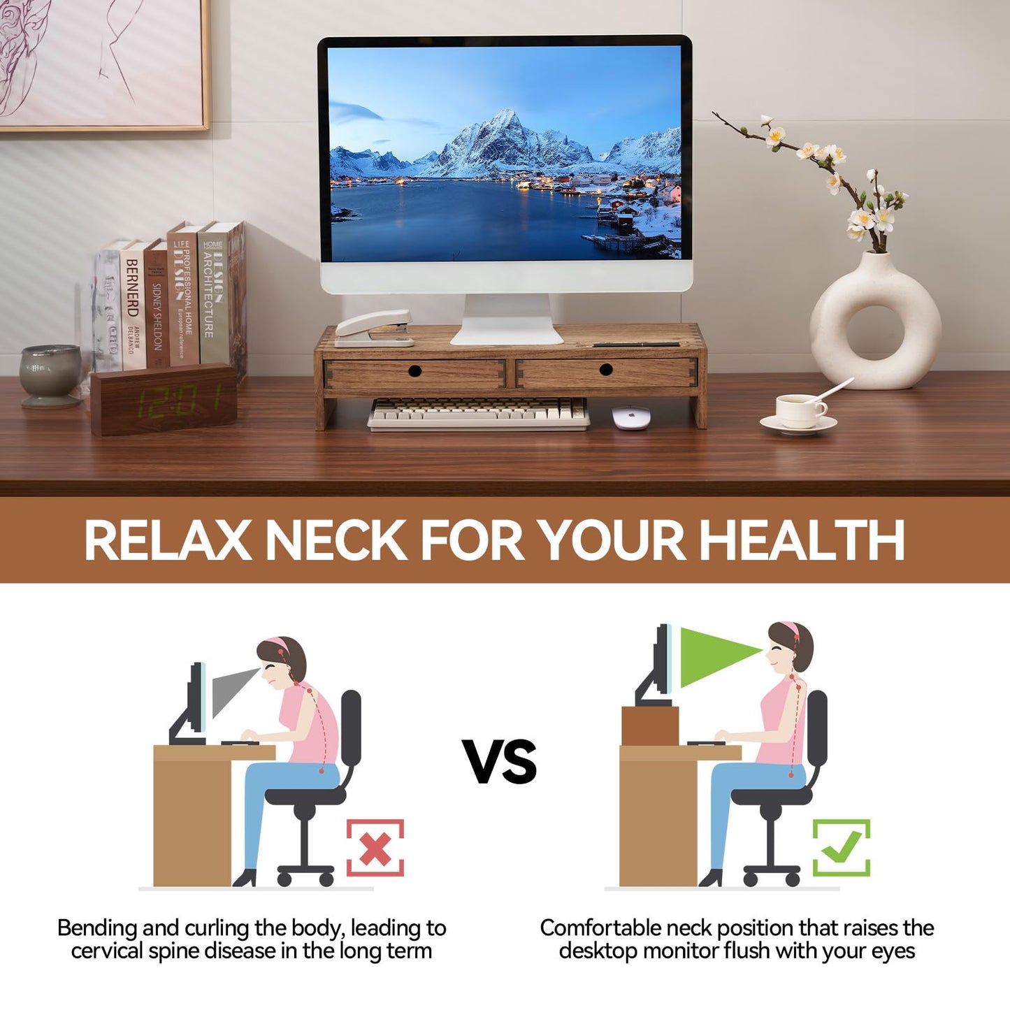 KIRIGEN Wood Monitor Stand with 2 Drawers - Computer Arm Riser Desk Storage Organizer,Speaker TV Laptop Printer Stand with Pen Slot and Cable