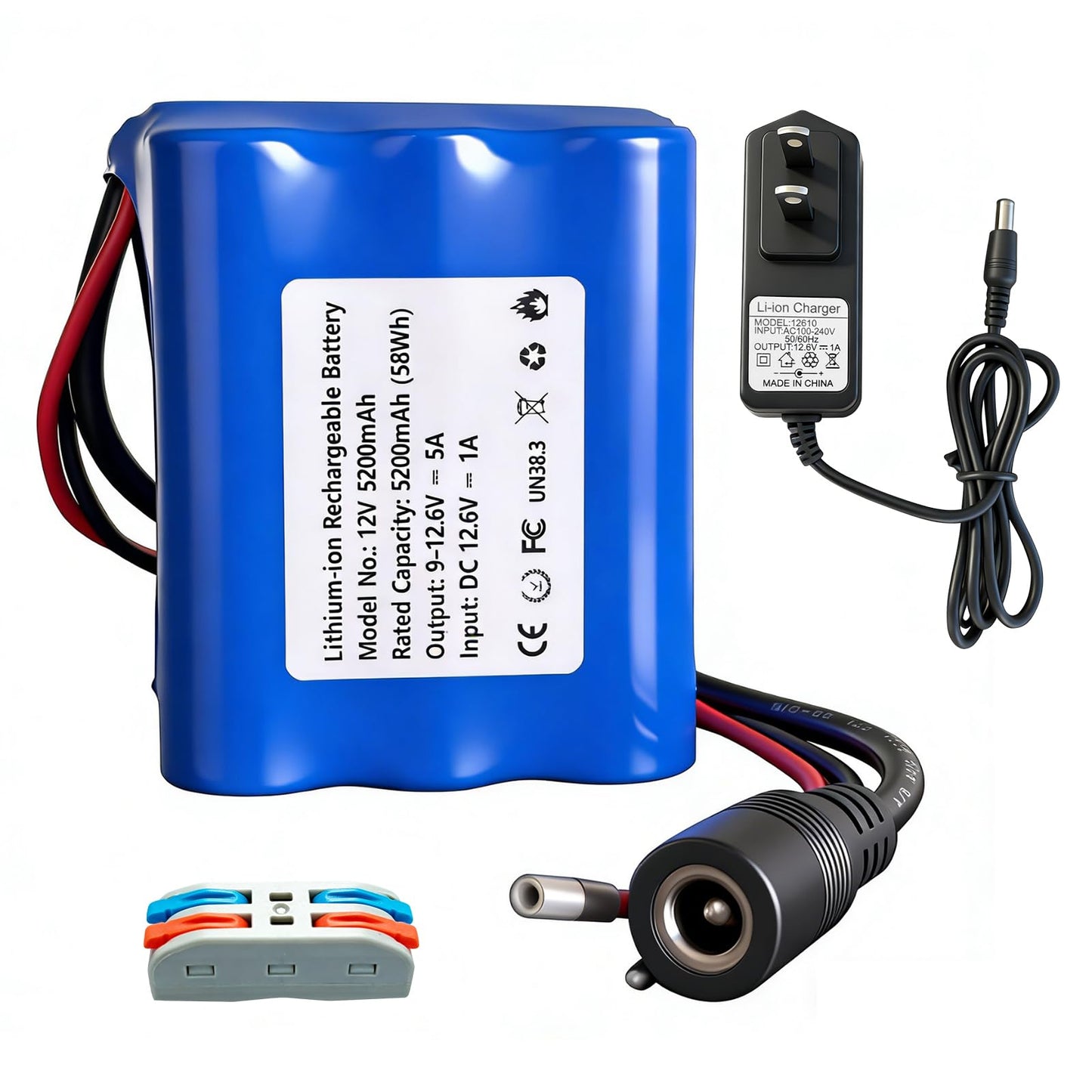 12V 5200mAh Rechargeable Li-ion Battery with Charger, Bare Leads Wire Battery Pack Perfect for DIY Project, Speakers, RC Car, Robot Toys, LED Light