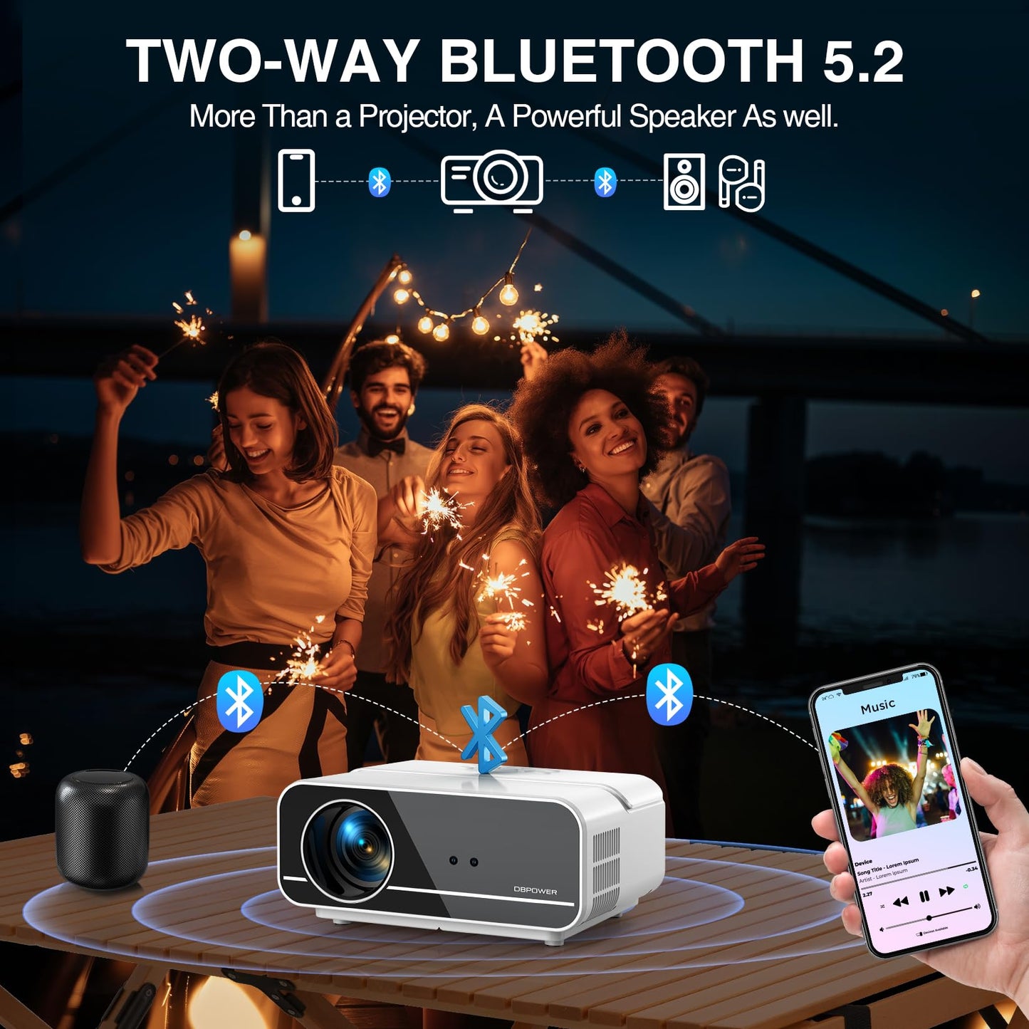 [Auto Focus/4K Support] Projector with WiFi and Bluetooth, Native 1080P Outdoor Movie Projector with Auto Focus/4P6D Keystone/50% Zoom/PPT, DBPOWER