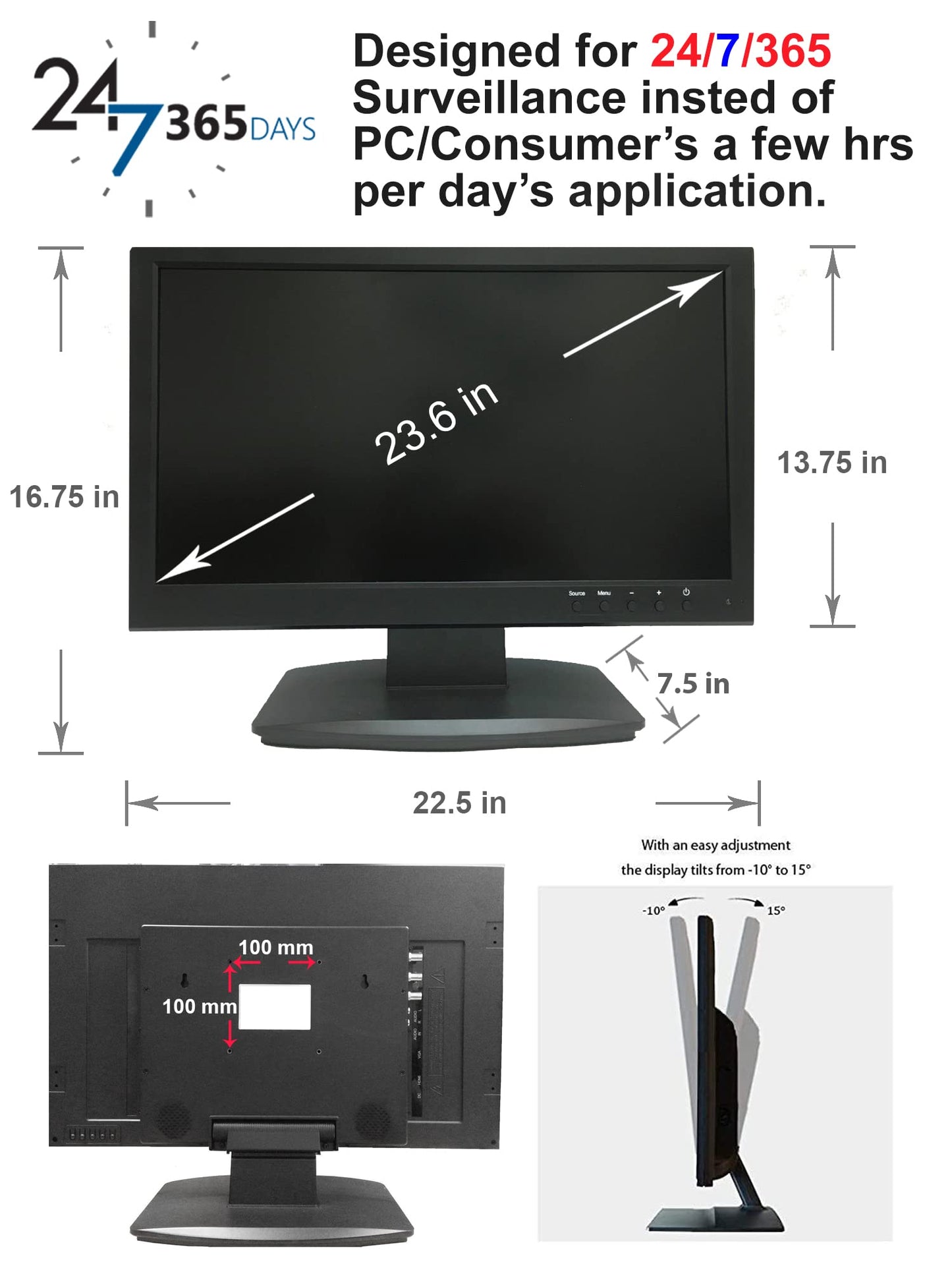 1stPV 23.6" Super HD 5MP/2592x1944 16:9 Professional Security Monitor, 1 HDMI, 2 BNC Inputs(HD-TVI/AHD/CVI/CVBS) & 2 BNC Outputs, working with 5MP