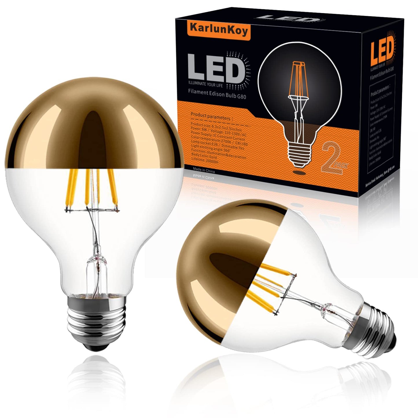 KarlunKoy Half Chrome Light Bulb,6W Dimmable,Gold Tipped Glass,G25 Warm E26