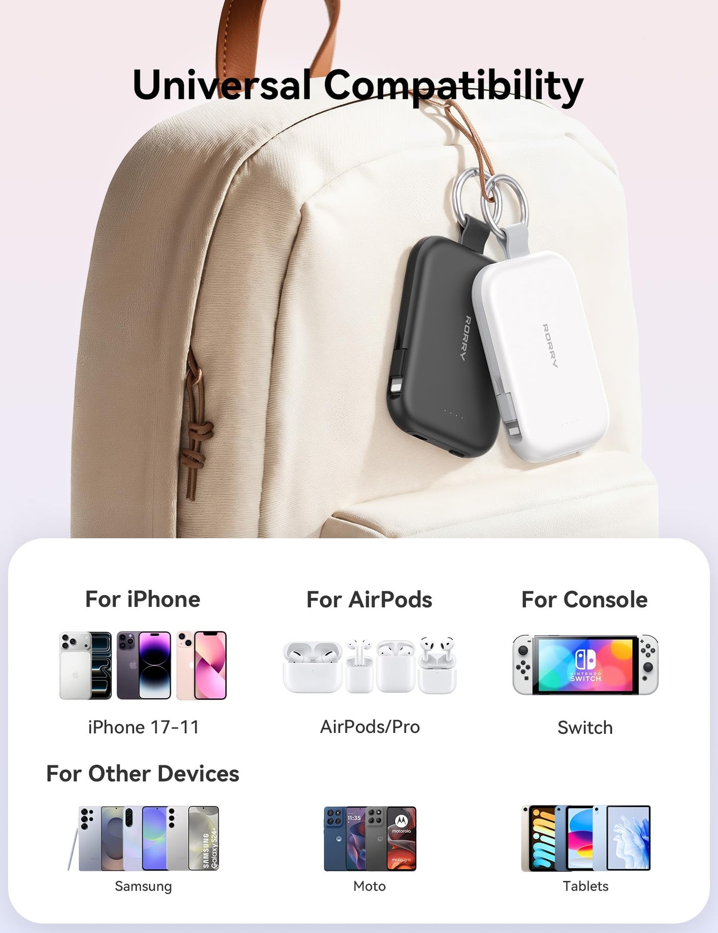 RORRY CharmGo Portable Charger, 5000mAh Portable Charger Power Bank with Built-in Cables, Travel Keychain Charger Battery Pack for iPhone