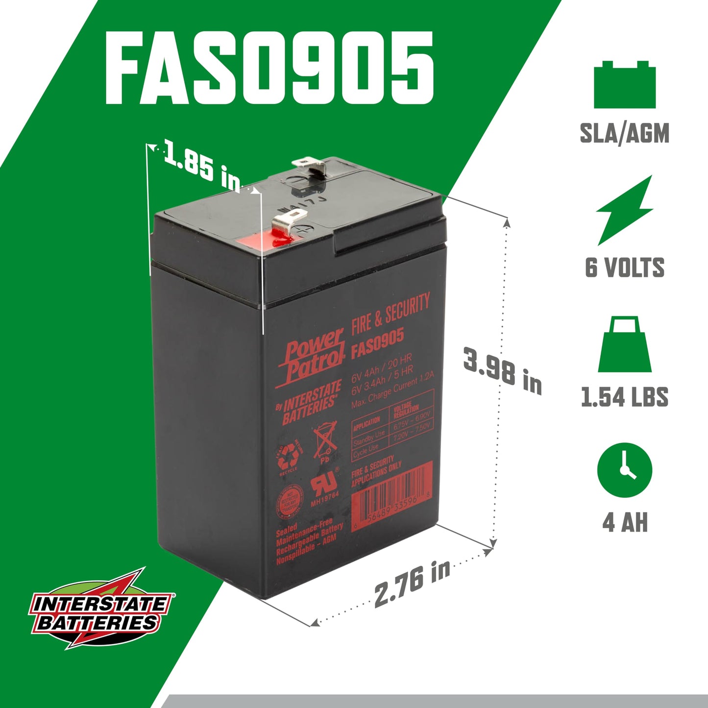 Interstate Batteries 6V 4Ah Fire & Security Battery (F1 Terminal) SLA AGM VRLA Power Patrol Rechargeable Replacement for Fire Alarms, Security…