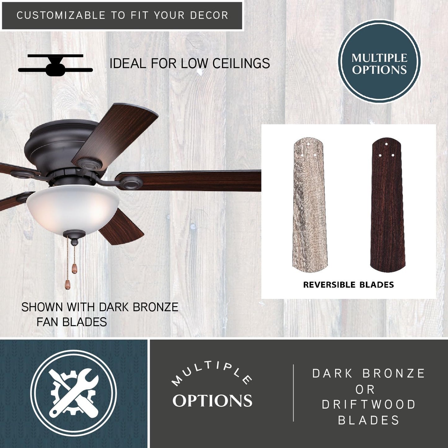 VAXCEL Expo 42 in. Noble Bronze Indoor Low Profile Flush Mount Traditional Ceiling Fan with Reversible Dark Bronze-Driftwood Blades, LED Light Kit
