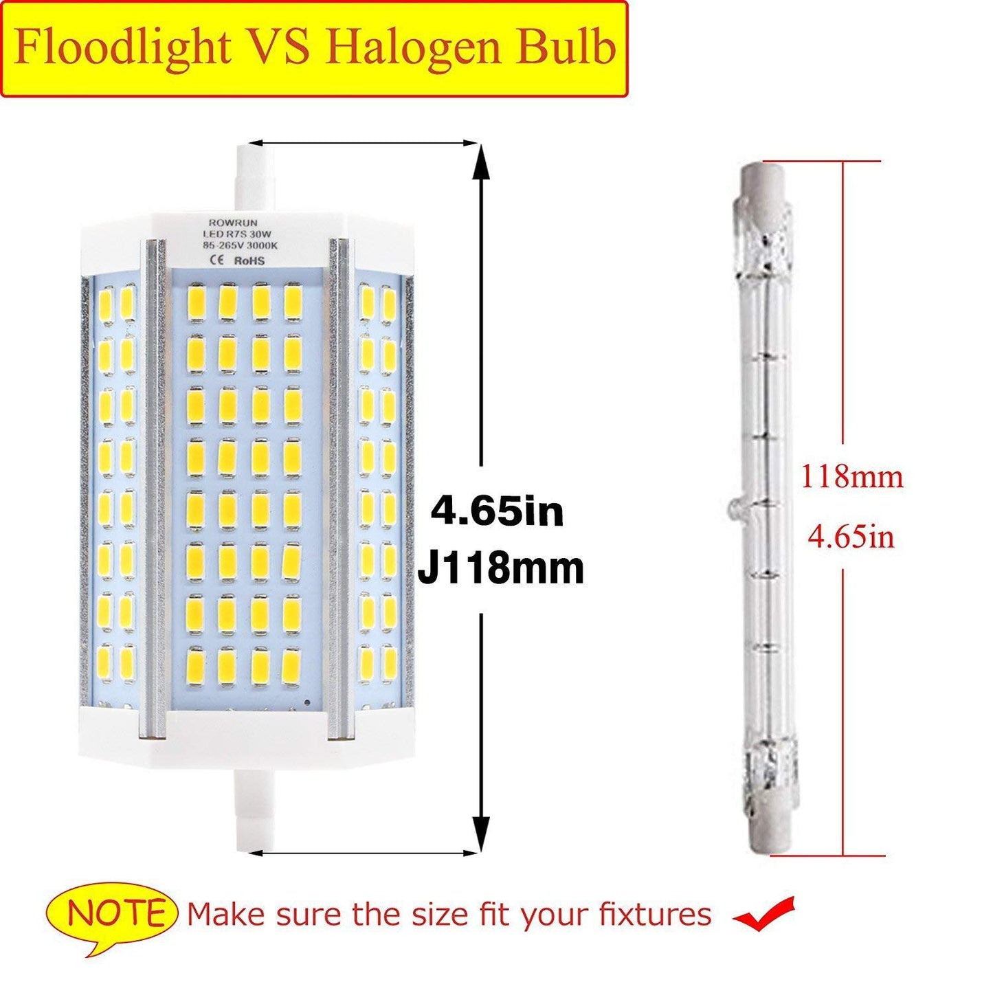 Rowrun 30W R7S J118 T3 LED Bulb Daylight White R7S Base 118mm 300W Equivalent Double Ended led Replacement for Halogen Workshop Lighting Bulb 6000K