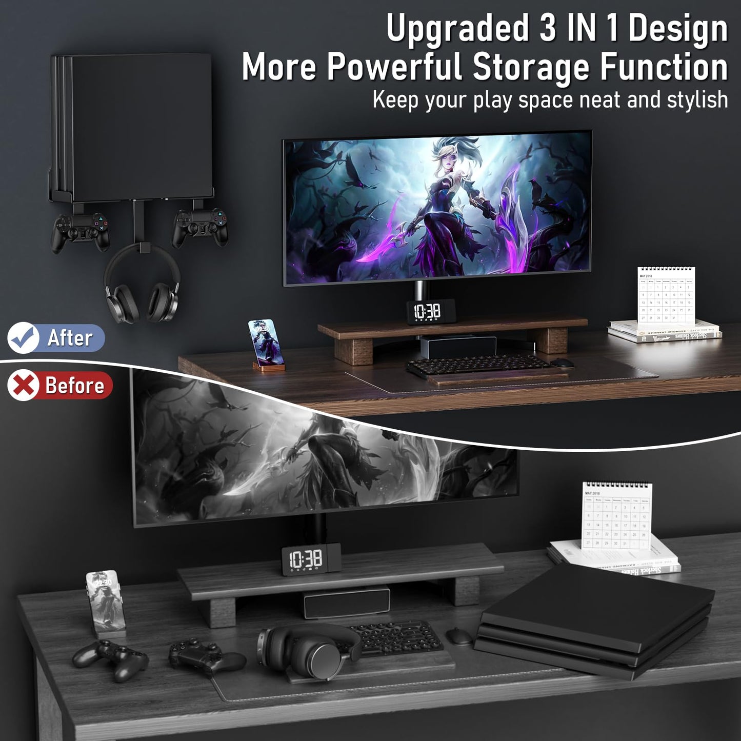 Wall Mount for PS4 Pro with Detachable 2 Controller Holder & Headphone Hanger Metal Wall Mount Stand Kit Mount on The Wall Or on The Back Of The TV