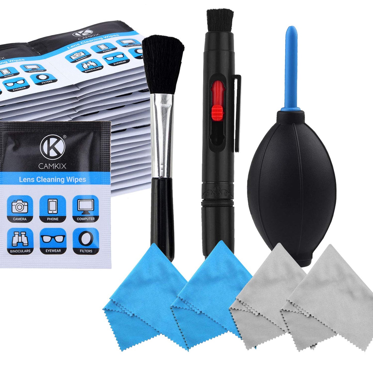 Camera Lens Cleaning Kit - Air Blower, Cleaning Brush, 2in1 Lens Cleaning Pen, 50 Individually Wrapped Wet Tissues and 4 Microfiber Cloths
