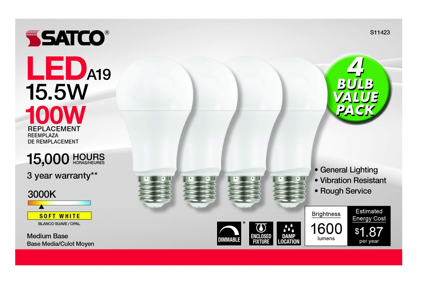 Satco 15.5w 120v A19 LED E26 Medium Base 1600 Lumens 3000k (4 LED Light Bulbs)