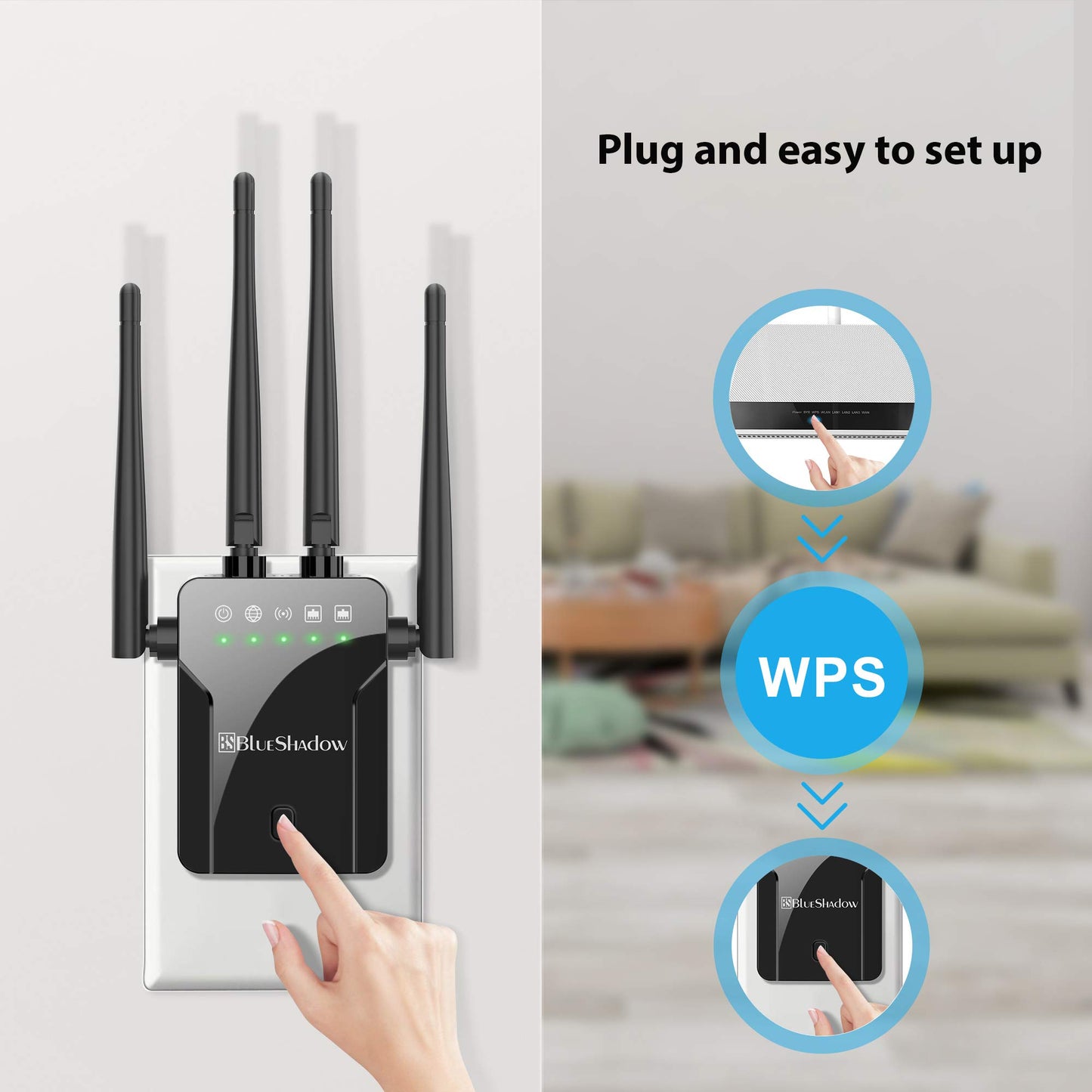 Blueshadow WiFi Extender AC1200 Dual Band Wireless Signal Booster with 2 Ethernet Port WPS Function Coverage Up to 1000 Sq.ft and 20 Devices WiFi