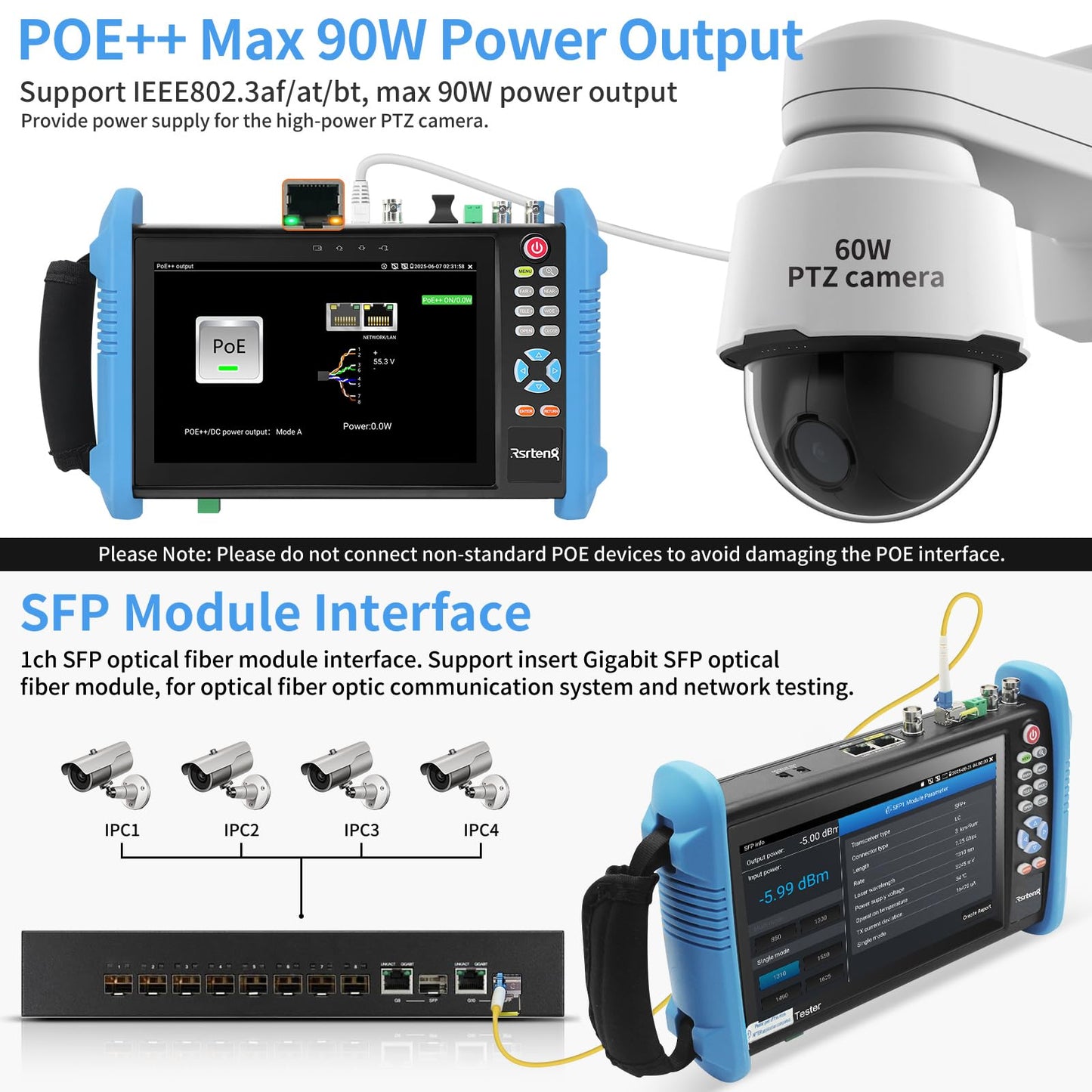 Rsrteng CCTV Camera Tester, 8K 32MP IP Camera Tester with POE++ Max 90W 8MP CVI TVI AHD SDI CVBS Camera Tester 7inch IPS Touch Screen CCTV Tester