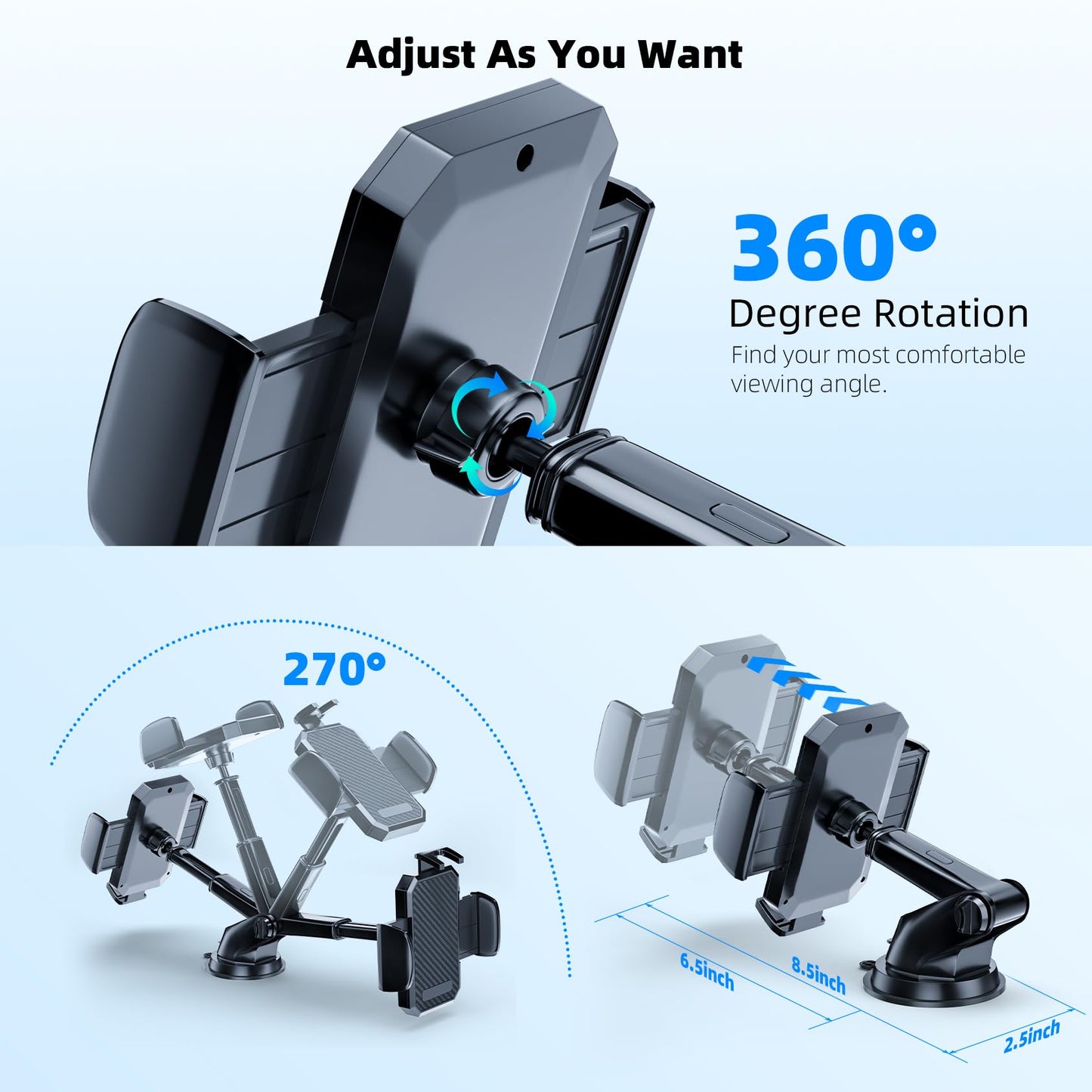 FBB Phone Mount for Car, [ Off-Road Level Suction Cup Protection ] 3in1 Long Arm Suction Cup Holder Universal Cell Phone Holder Mount Dashboard