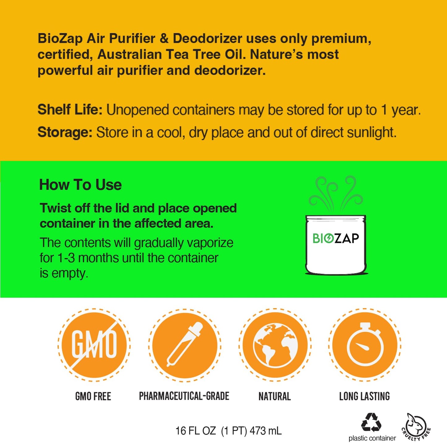 BioZap Air Purifier & Deodorizer (2-Pack) Pharmaceutical-Grade Australian Tea-Tree Oil Gel, Naturally Cleans Odors, Basements, Crawlspaces, Boats