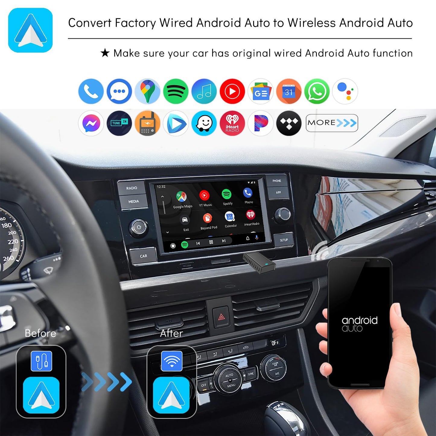 CarProKit Wireless CarPlay Android Auto Adapter USB Dongle for Apple iPhone Android Phone, Convert Original Wired to Wireless Connection, Plug & Play
