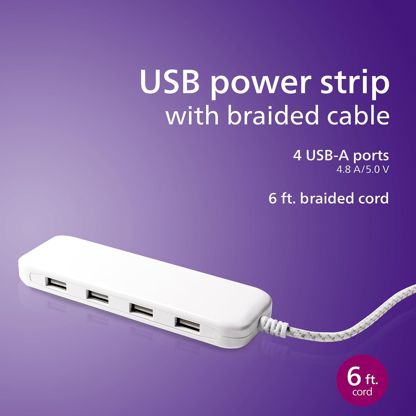 Philips 24W USB Extension Cord Power Strip Charging Station, for IPhone 11/Pro/Max/XS/XR/X/8, iPad Pro, Samsung Galaxy S10/S9/Plus, Google Pixel
