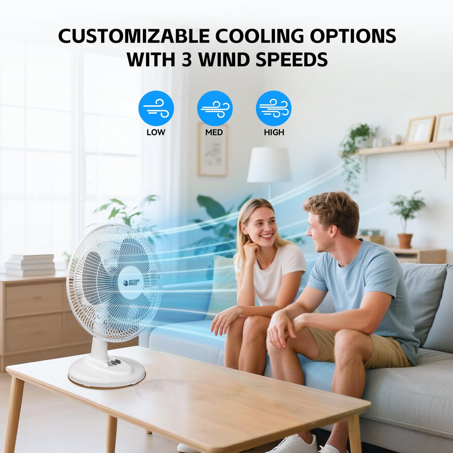 BEYOND BREEZE Oscillating Table Fan for Bedroom, 12-Inch & 3 Speeds, White