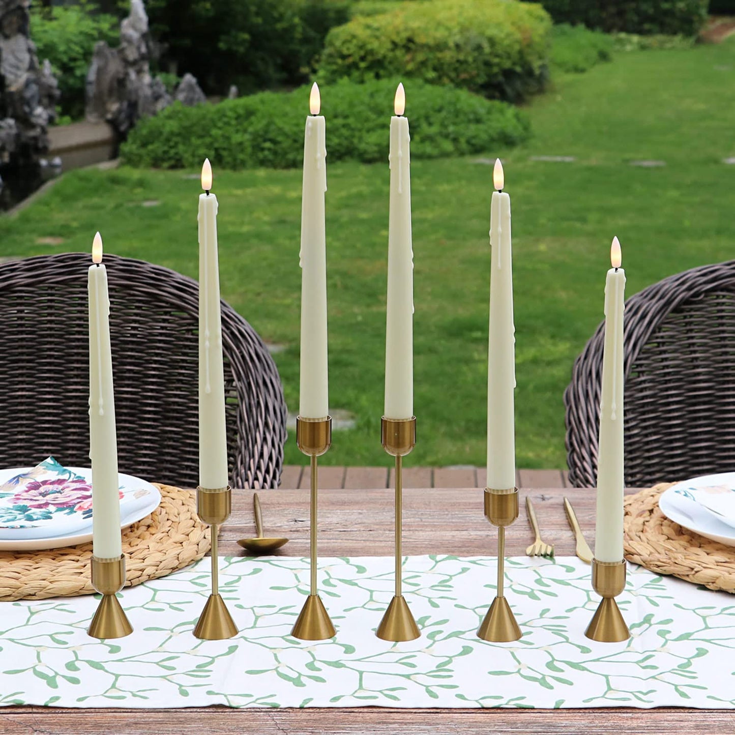 Rhytsing Natural White Flameless Taper Candles with Timer Function, Battery Operated Dinner Long Candlestick Wax Drip Design, Warm White LED, 2