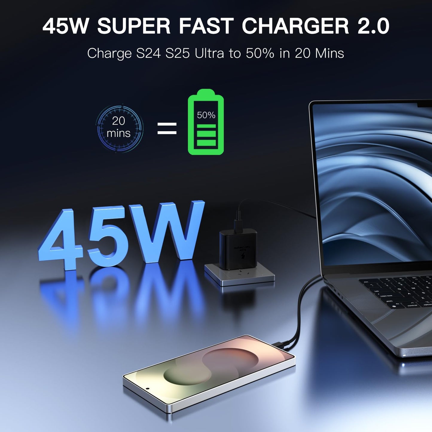 45W Samsung Super Fast Charger Block, 2Pack Type C Fast Charging Block with 3FT USB C Charger Cable(TPE Cable Not Nylon Braided) Compatible