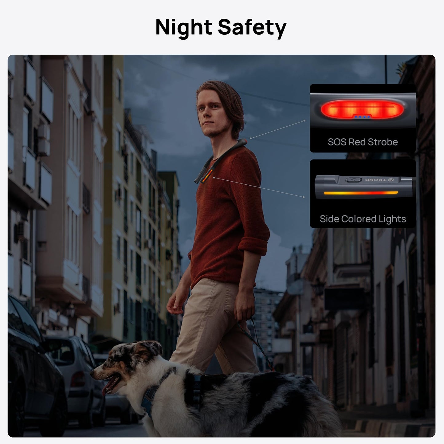 TROND LED Neck Reading Light, 3 Color 3 Brightness Book Light for Reading in Bed, 1000mAh Rechargeable Lamp, Flexible Arm with Outdoor Warning Lamp