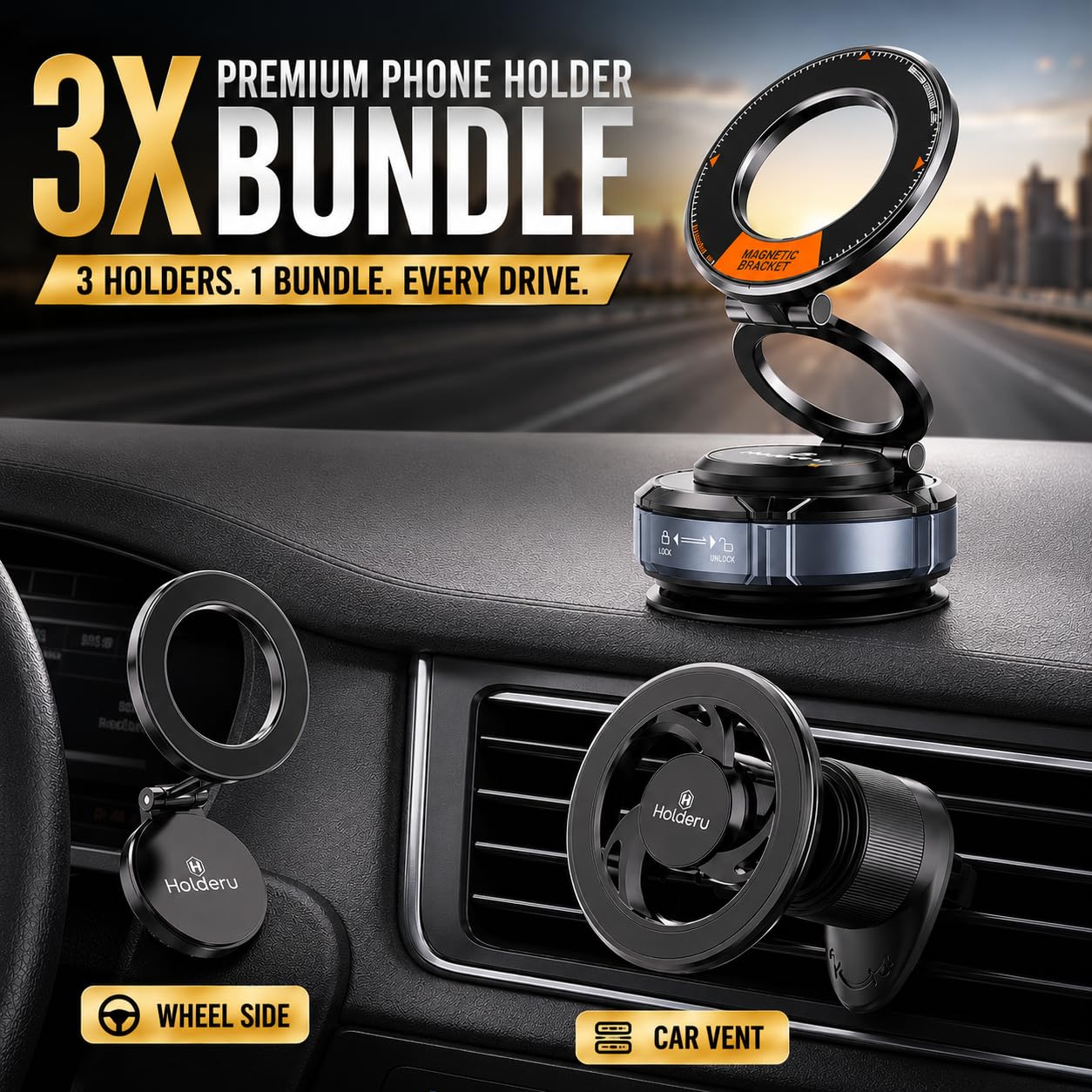 Magnetic Car Phone Mount for MagSafe - 3 Holder Bundle (Dashboard, Air Vent & Steering Side) Strong Magnetic Hold with Premium Build Quality - Car