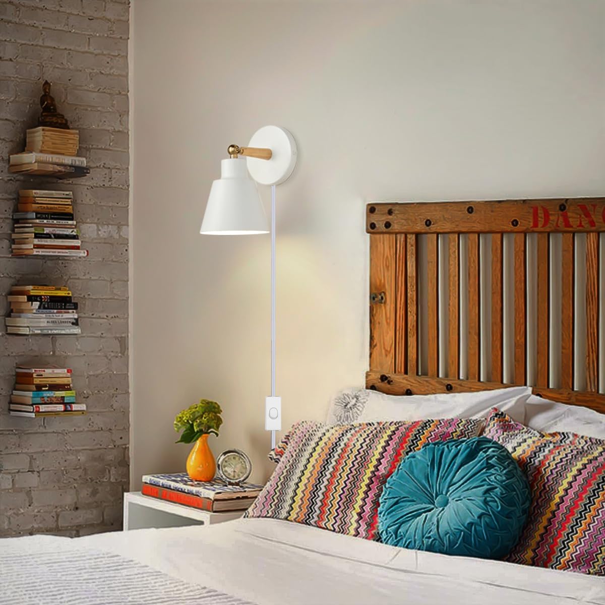 ClanKin Plug in Wall Sconces Lighting Set of 2, White Wood Style Wall Sconce Reading Lamp, Adjustable Wall Light for Bedroom Hallway Living Room (2