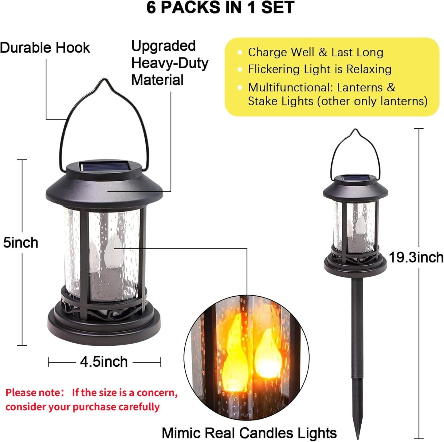 Beautyard 6 Packs Outdoor Solar Candles Lights Flickering Decorative Lantern Stake Lighting for Garden, Backyard, Lawn, Pathway, Patio Accessories