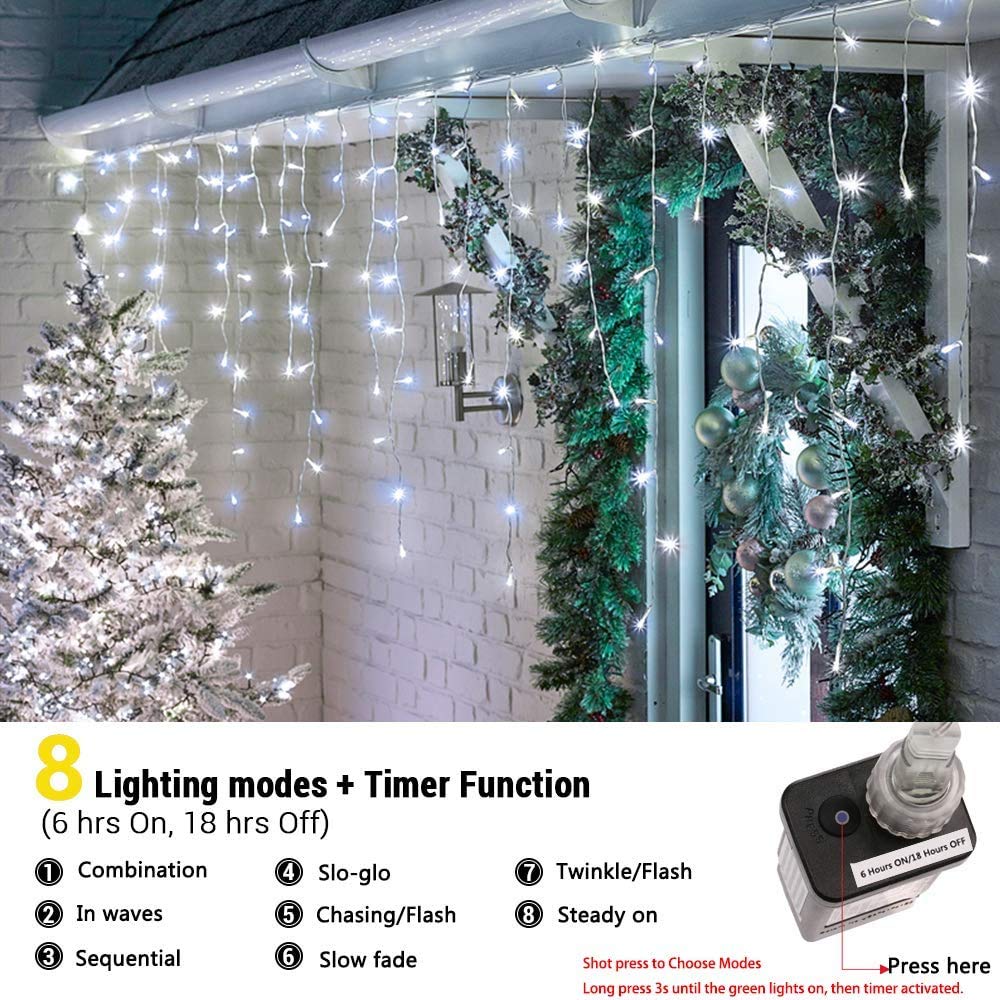 LYHOPE Icicle Christmas Lights, 432 LED 35.4ft 8 Modes Icicle String Lights with 72 Drops, Window Curtain Fairy Lights for Xmas, Eaves, Wedding