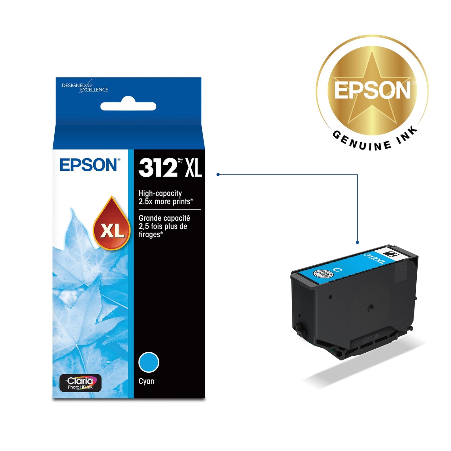 EPSON 312 Claria Photo HD Ink High Capacity Cyan Cartridge (T312XL220-S) Works with Expression XP-850, 8600, 8700, 15000