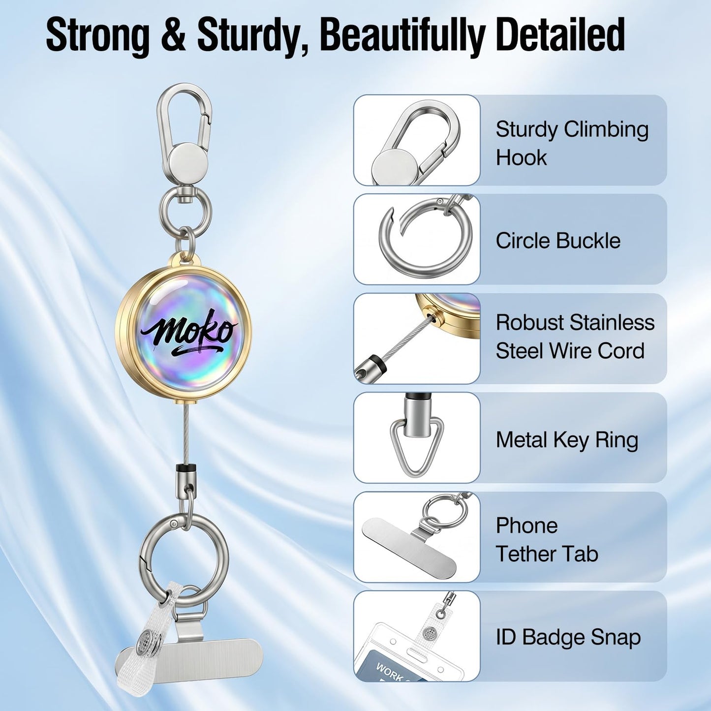 MoKo 2 Pack Anti-Theft Phone Tether, Phone Lanyard Retractable Steel Line Cellphone Strap with KeyChain, ID Badge Holder & Metal Tether Tab