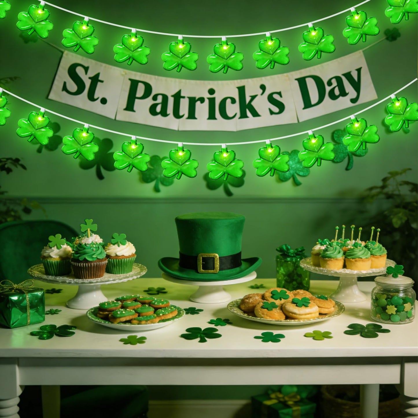 20LED St Patrick's Day Decorations Lights, 12Ft Clear Green Shamrock String Lights Outdoor Waterproof with 20 LED Lucky Clover Lights, UL Certified